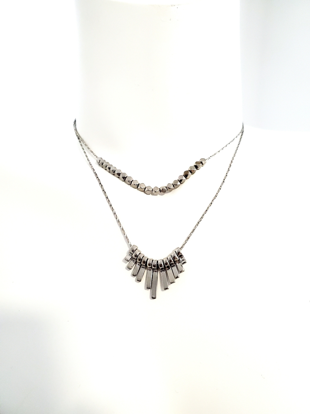 Layered Silver-Tone Bar & Bead Pendant Necklace